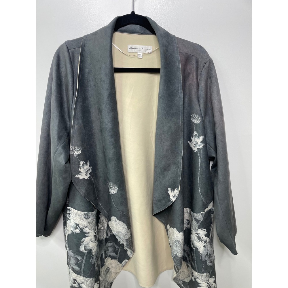 Chelsea Theodore 1X Faux Suede Floral Print Waterfal‎ Blazer Jacket Cowgirl Read